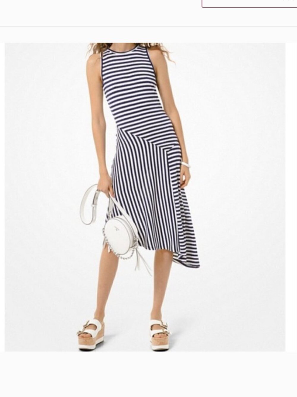 Michael Kors Small Dress Blue White Striped Asymmetrical Stretch Sleeveless NEW